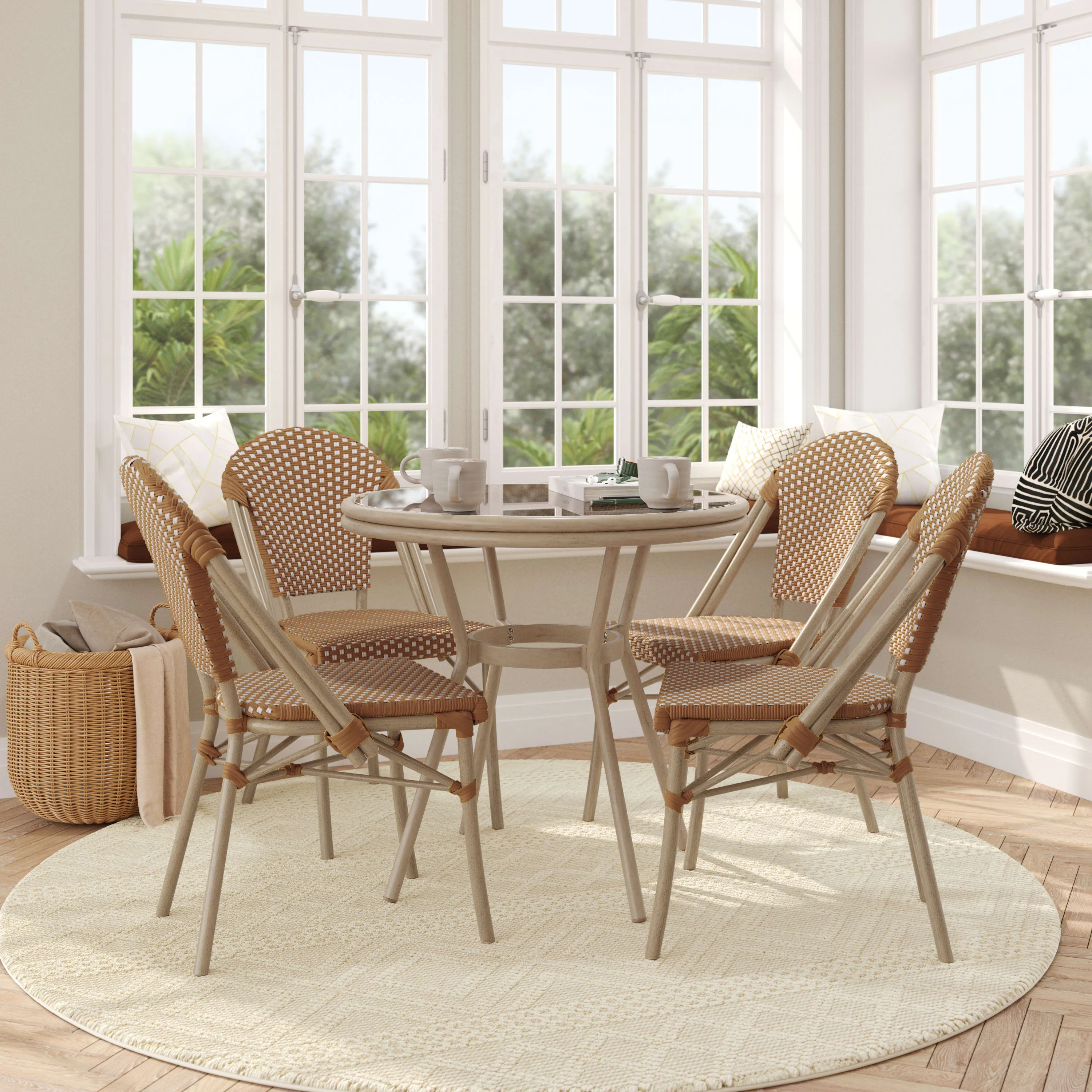 Lourdes Indoor/Outdoor Commercial Bistro 31.5" Table, PE Rattan, Glass Top with 4 Stack Chairs
