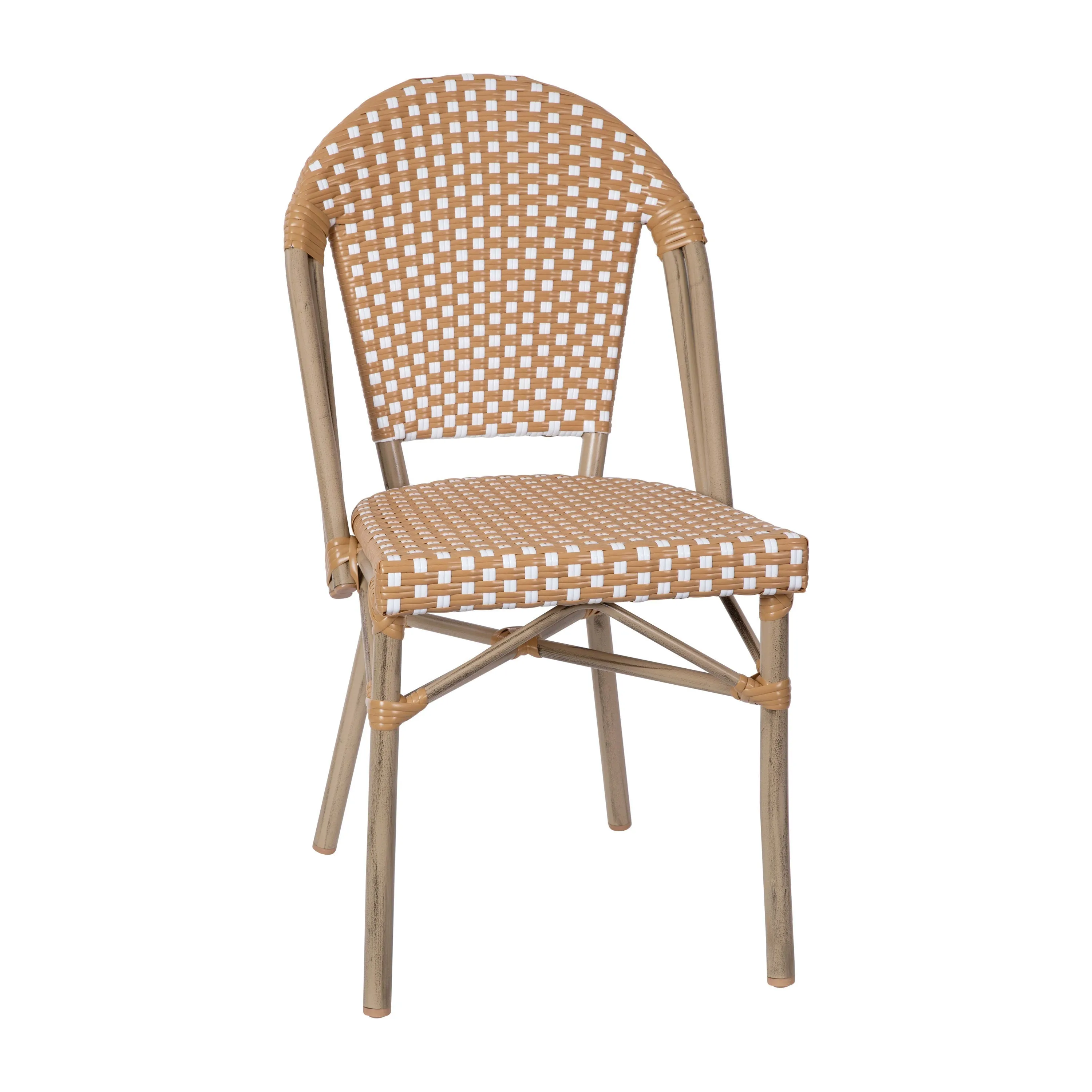 Lourdes Indoor/Outdoor Commercial Bistro 31.5" Table, PE Rattan, Glass Top with 4 Stack Chairs