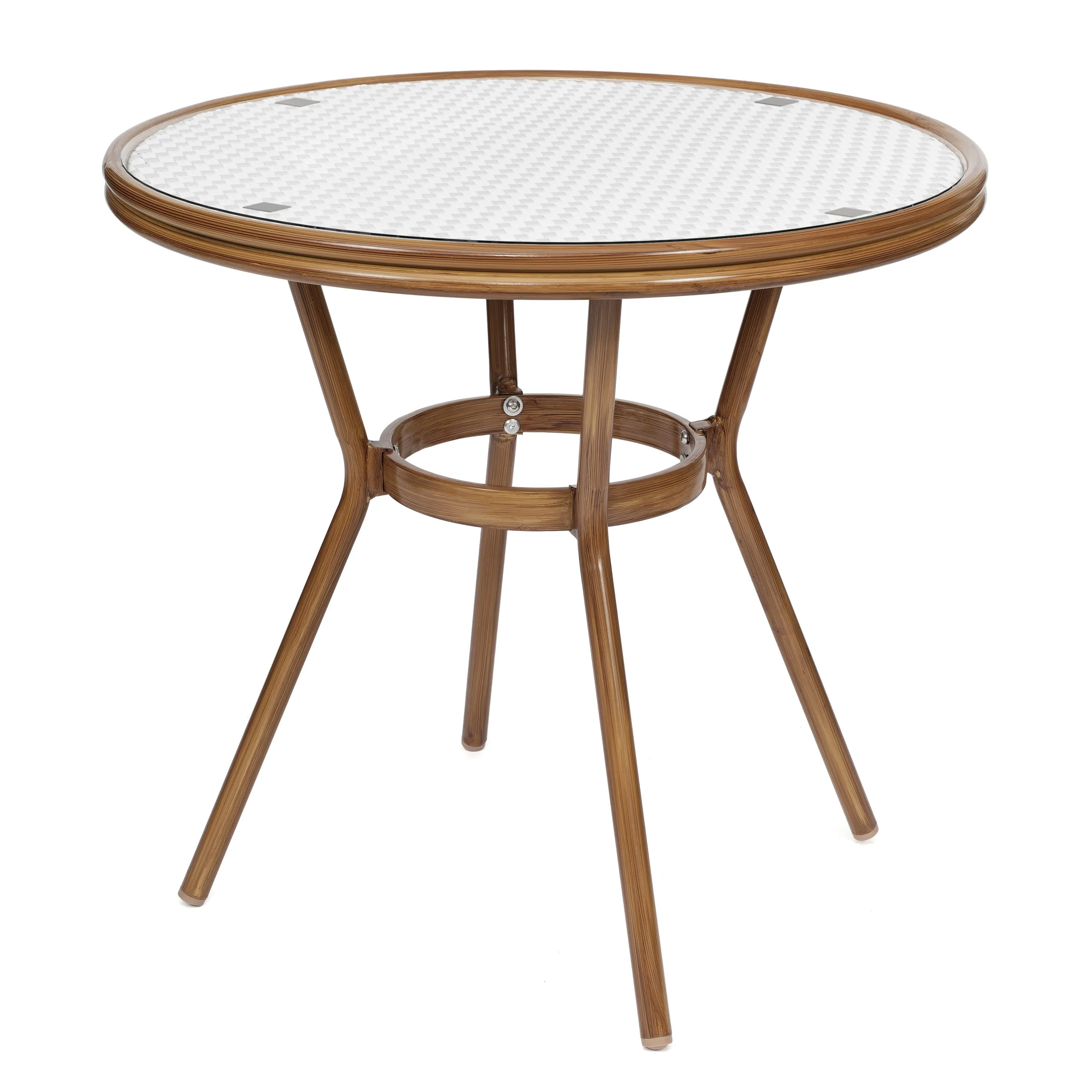 Lourdes Indoor/Outdoor Commercial Bistro 31.5" Table, PE Rattan, Glass Top with 4 Stack Chairs