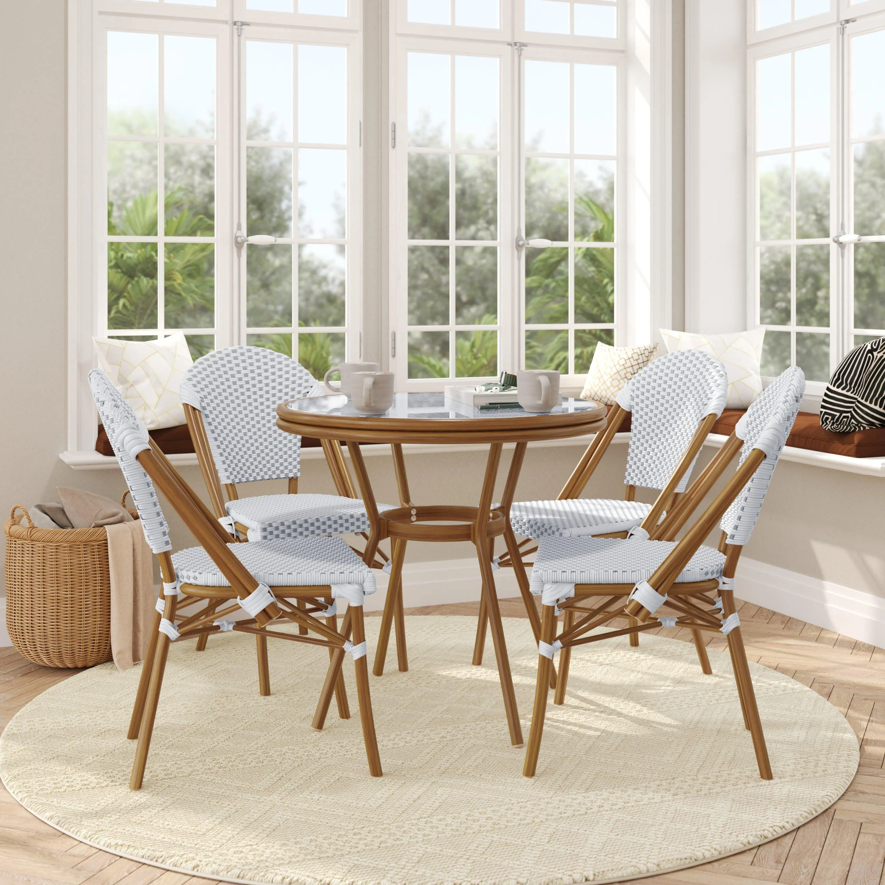 Lourdes Indoor/Outdoor Commercial Bistro 31.5" Table, PE Rattan, Glass Top with 4 Stack Chairs