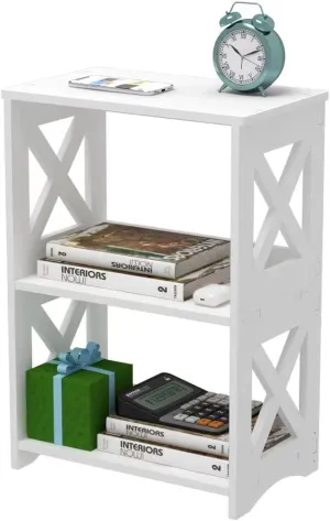 LUCKNOCK Narrow Side Table with Storage, 3-Tier Slim Nightstand for Small Spaces, White Modern End Table, Bedside Table, Bookshelf for Living Room, Bedroom, Bathroom and Office.