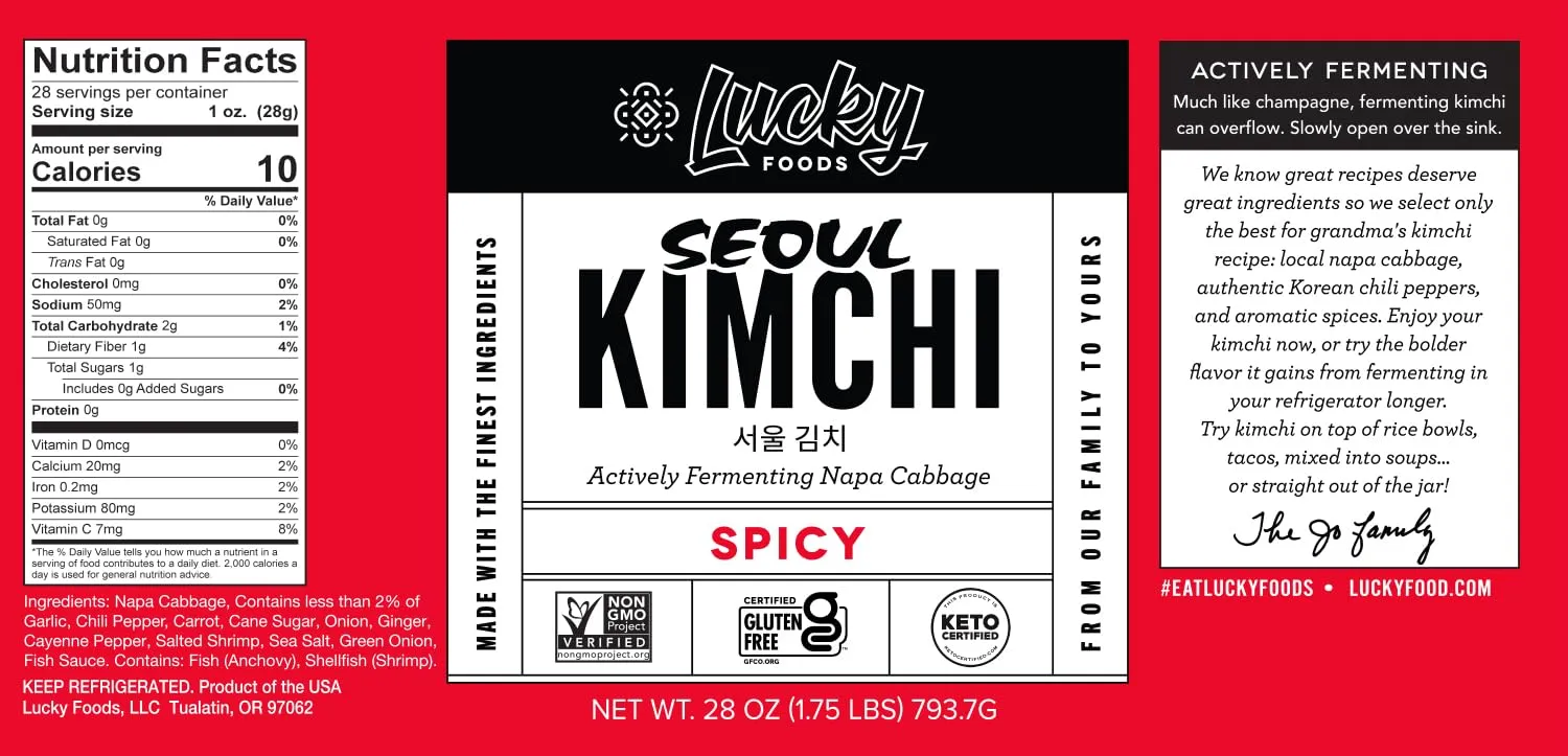 Lucky Foods Seoul Kimchi, (28oz / 1.75 lbs), Authentic Korean Premium Fermented Napa Cabbage Kimchi, (SPICY, Made in USA) (Pack of 1)