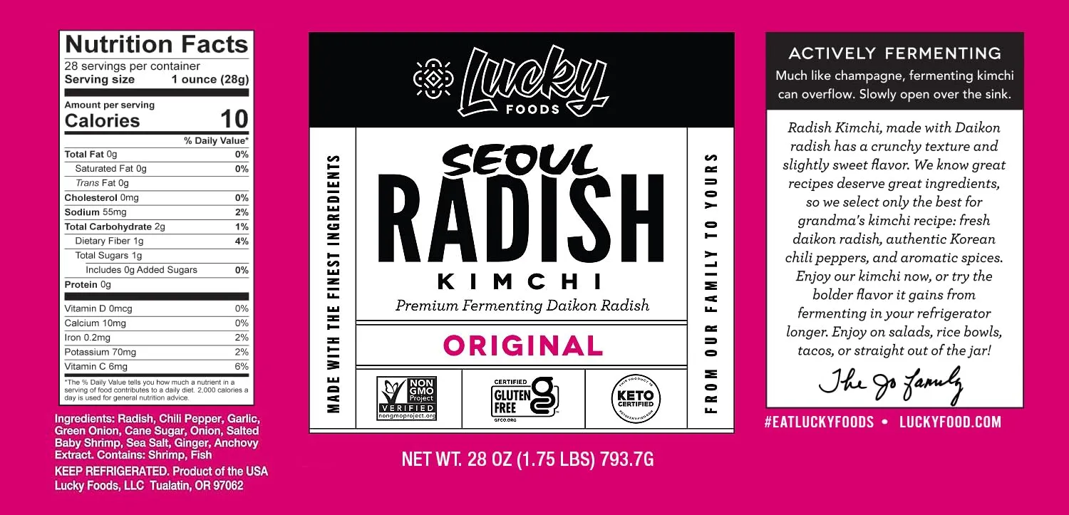 Lucky Foods Seoul Radish Kimchi Original, (28oz / 1.75lbs), Authentic Korean Premium Fermented Kimchi, (Pack of 1) (Made in USA)