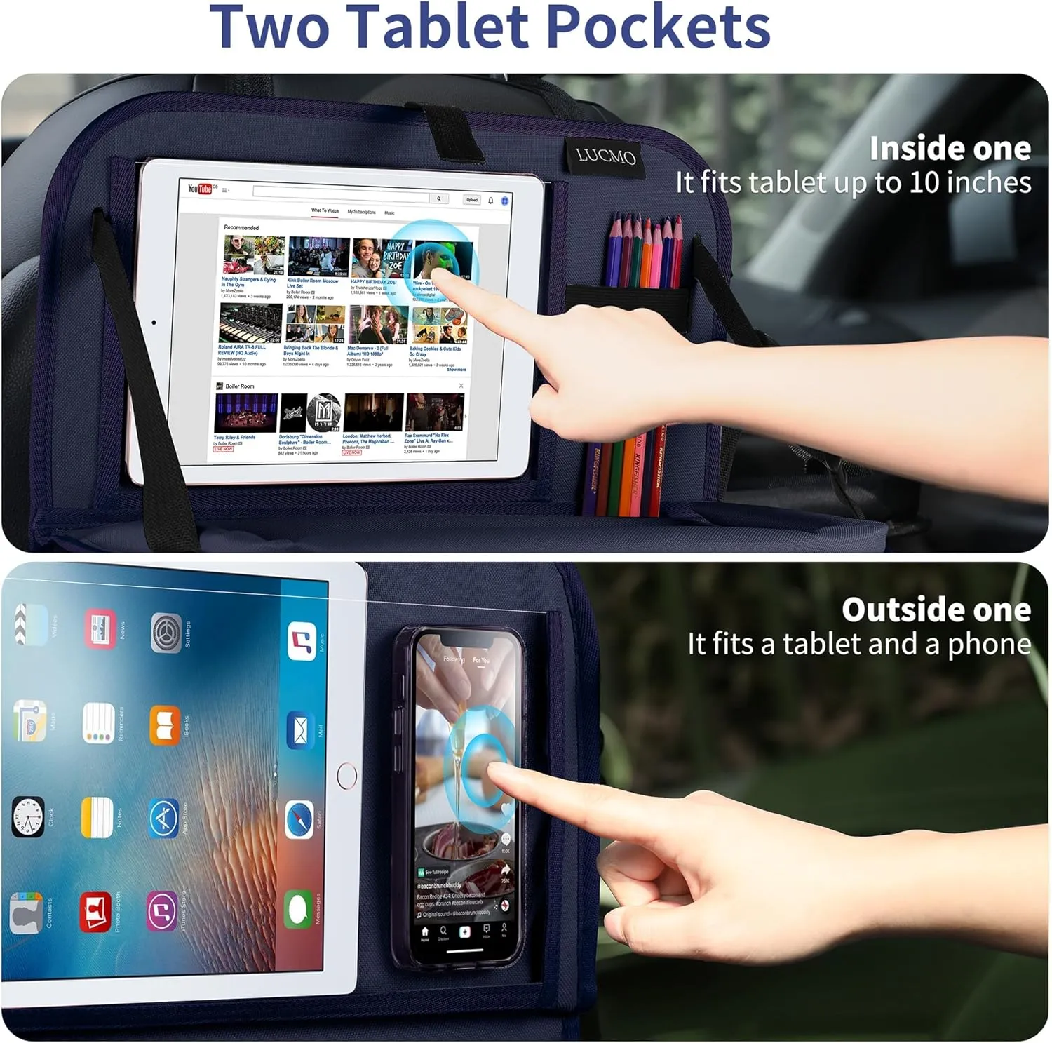LUCMO Car Backseat Organizer with Tablet Holder-2 Pcs,6 Storage Pockets Car Storage Organizer with Foldable Food Tray,Protectors Kick Mats Travel Accessories-Dark Blue