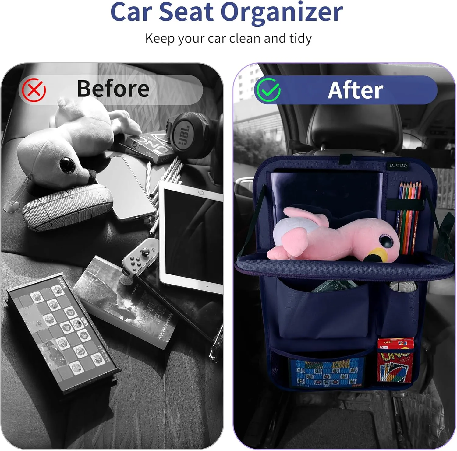 LUCMO Car Backseat Organizer with Tablet Holder-2 Pcs,6 Storage Pockets Car Storage Organizer with Foldable Food Tray,Protectors Kick Mats Travel Accessories-Dark Blue
