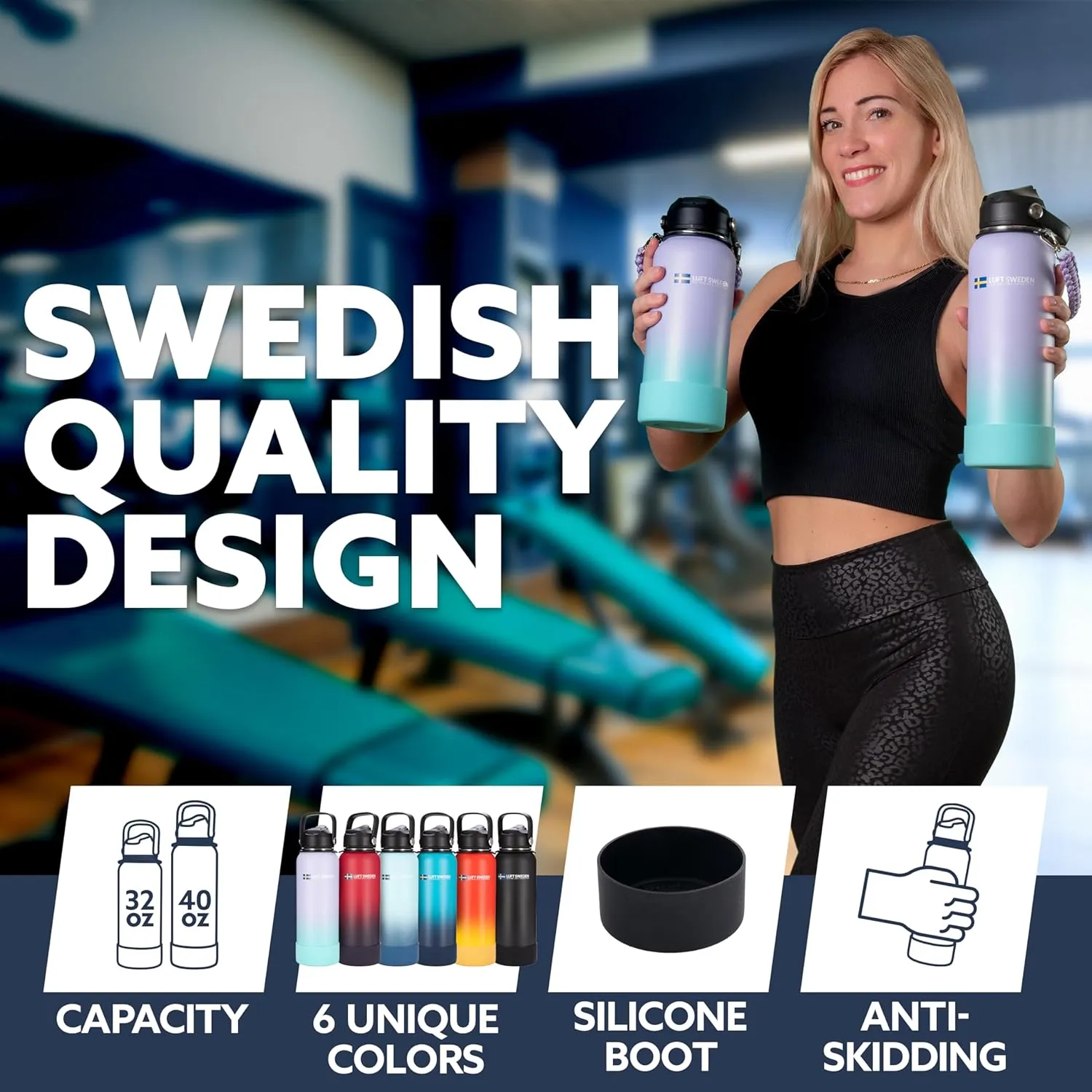 LUFT SWEDEN 32 oz Lavender Insulated Water Bottle with Straw Lid – Stainless Steel, Leakproof, Dishwasher Safe – Reusable Double Wall Gym Flask – Keeps Drinks Ice Cold for 24 Hours – BPA-Free