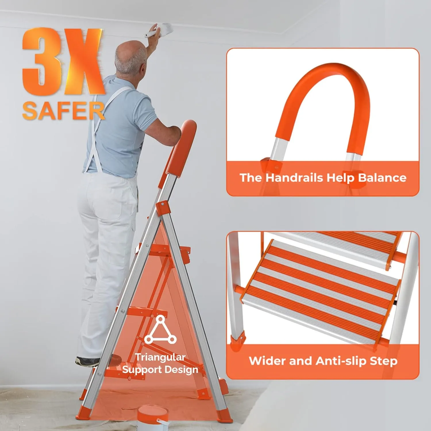 LUISLADDERS 3 Step Stool, Foldable Lightweight Step Ladder, Aluminum Anti-Slip with Rubber Hand Grip, 350lbs Capacity, Home and Kitchen Anti-Slip Stepladders