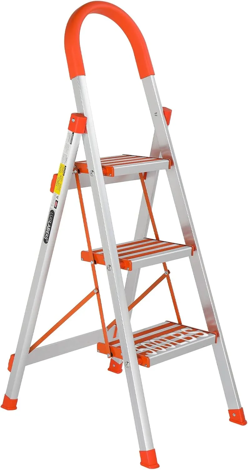 LUISLADDERS 3 Step Stool, Foldable Lightweight Step Ladder, Aluminum Anti-Slip with Rubber Hand Grip, 350lbs Capacity, Home and Kitchen Anti-Slip Stepladders