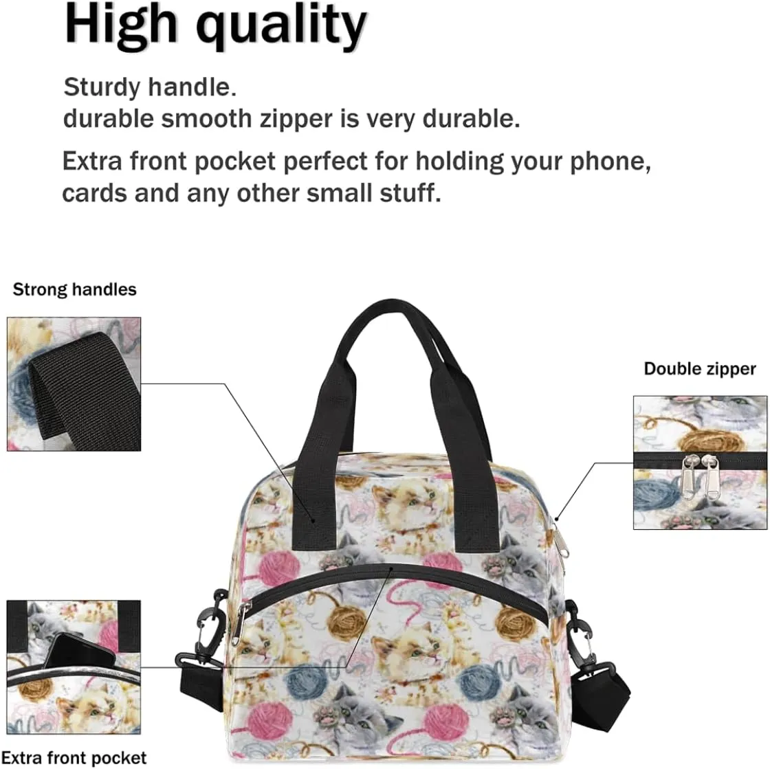 Lunch Bag for Women Men Woolen Cat Reusable Durable Insulated Lunch Box for Work Office Picnic Beach Hiking Lunch Tote Bag with Adjustable Shoulder Strap
