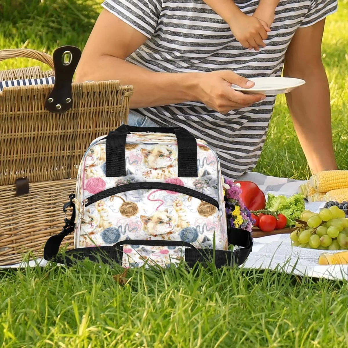 Lunch Bag for Women Men Woolen Cat Reusable Durable Insulated Lunch Box for Work Office Picnic Beach Hiking Lunch Tote Bag with Adjustable Shoulder Strap