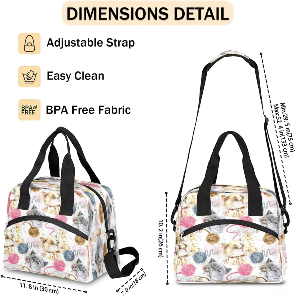 Lunch Bag for Women Men Woolen Cat Reusable Durable Insulated Lunch Box for Work Office Picnic Beach Hiking Lunch Tote Bag with Adjustable Shoulder Strap