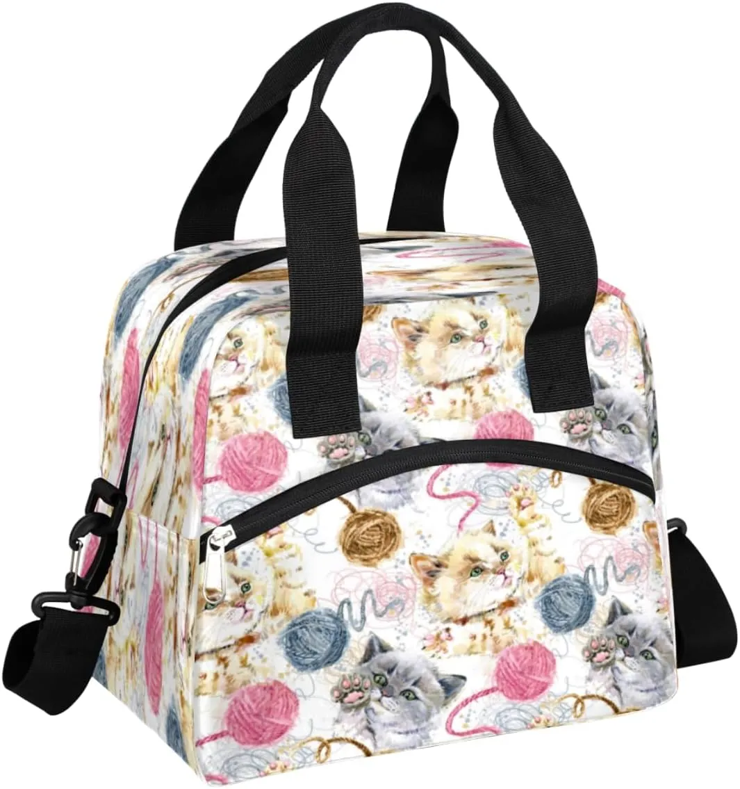 Lunch Bag for Women Men Woolen Cat Reusable Durable Insulated Lunch Box for Work Office Picnic Beach Hiking Lunch Tote Bag with Adjustable Shoulder Strap