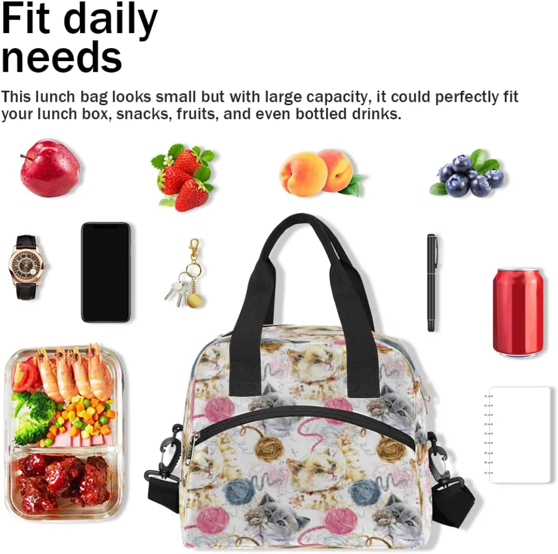 Lunch Bag for Women Men Woolen Cat Reusable Durable Insulated Lunch Box for Work Office Picnic Beach Hiking Lunch Tote Bag with Adjustable Shoulder Strap