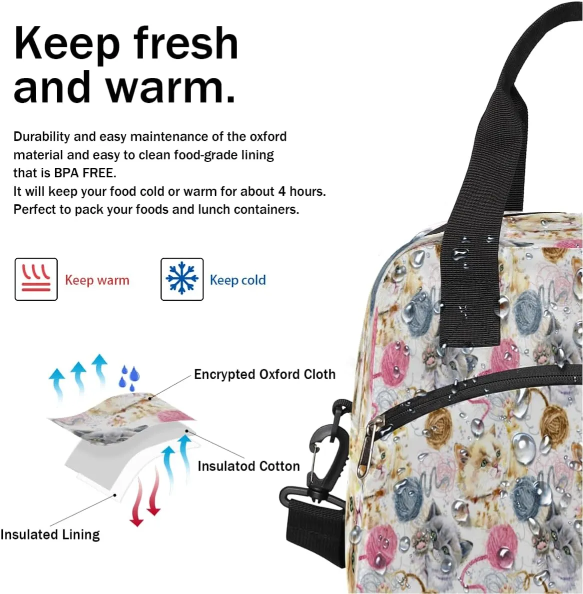 Lunch Bag for Women Men Woolen Cat Reusable Durable Insulated Lunch Box for Work Office Picnic Beach Hiking Lunch Tote Bag with Adjustable Shoulder Strap