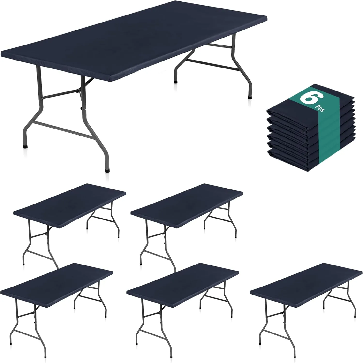 LUSHVIDA 6 Packs Vinyl Tablecloths with Flannel Backing 72x30 inch - Waterproof Plastic Table Covers for 6 Foot Rectangle Folding Table Cloths with Elastic Edges, Navy Blue