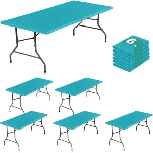 LUSHVIDA 6 Packs Vinyl Tablecloths with Flannel Backing 72x30 inch - Waterproof Plastic Table Covers for 6 Foot Rectangle Folding Table Cloths with Elastic Edges, Teal