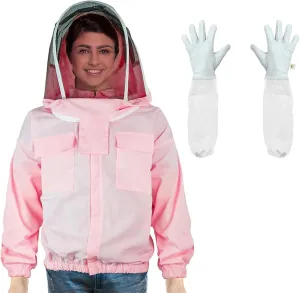 Luwint Women Beekeeping Jacket with Gloves, Ventilated Beekeeper Jacket Thin and Lightweight Pink Bee Suit with Detachable Self-Supporting Veil, Small-Medium Size (5'-5'4'' Height)