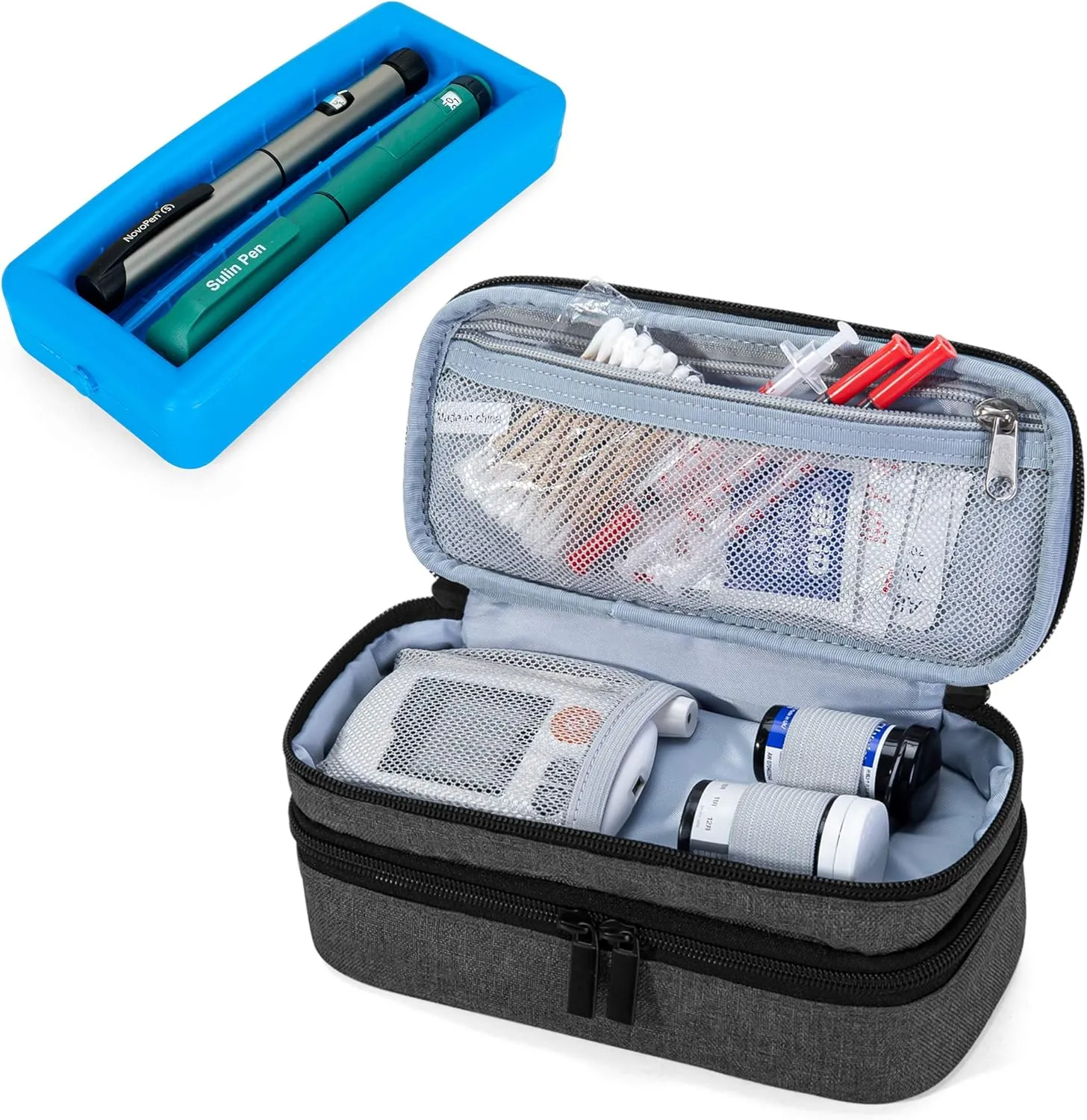 LUXJA 2 Layers Insulin Case with an Ice Pack - Holds 6 Vials (10ml) or 2 Insulin Pens, Diabetic Bag with Supplies Storage Pockets, Black