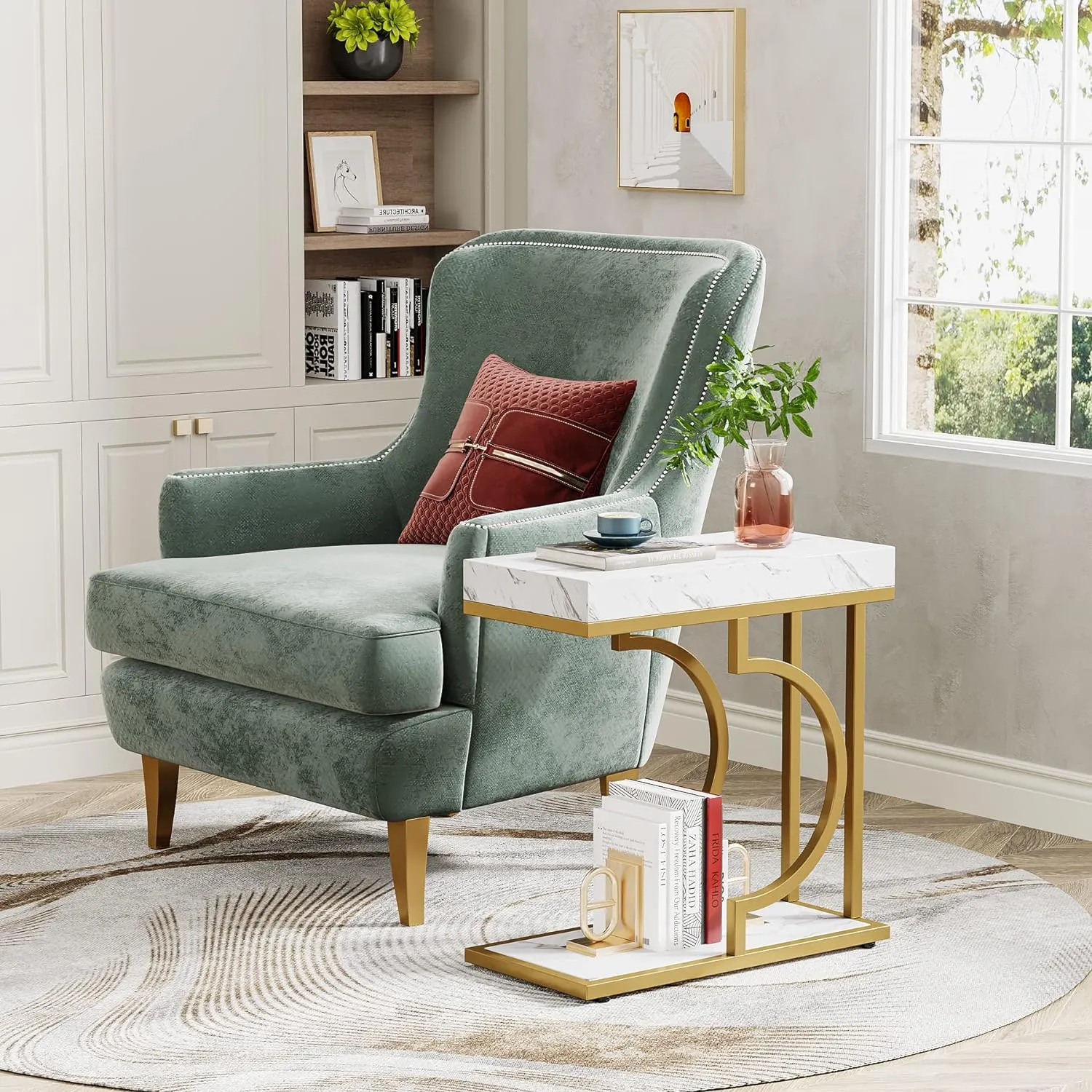 Luxurious Gold Marble Texture Coffee Table Rectangular C Frame Side Table