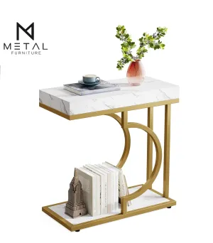 Luxurious Gold Marble Texture Coffee Table Rectangular C Frame Side Table