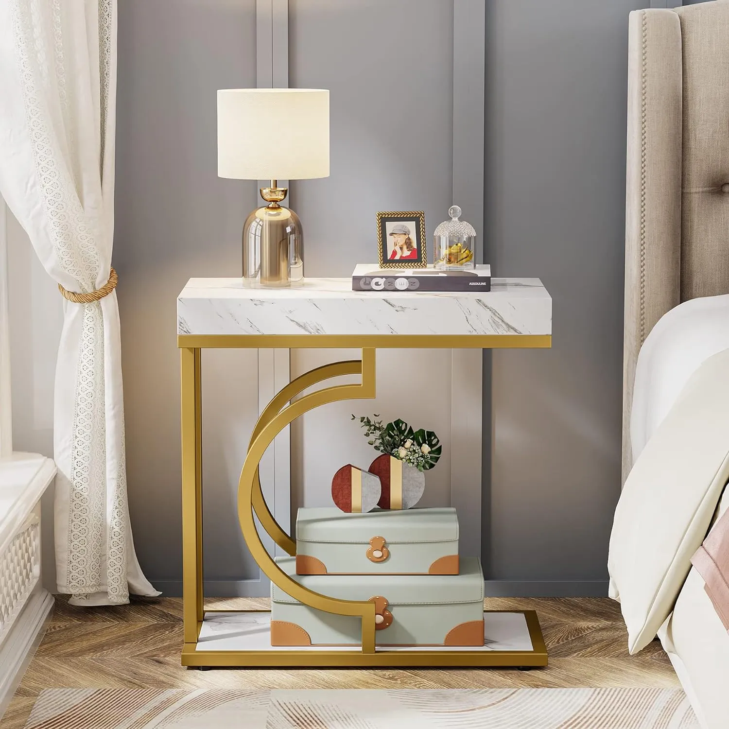 Luxurious Gold Marble Texture Coffee Table Rectangular C Frame Side Table