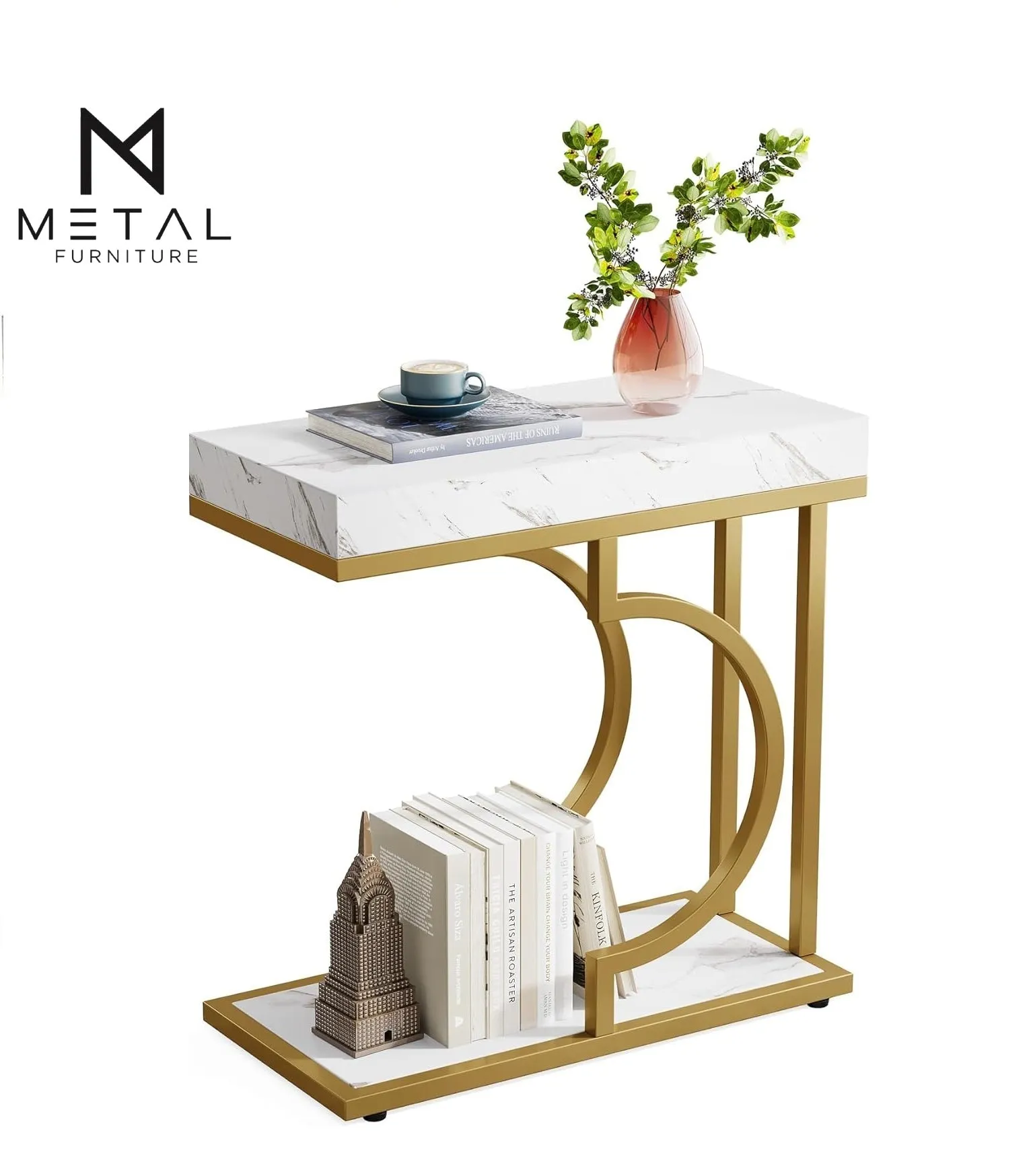 Luxurious Gold Marble Texture Coffee Table Rectangular C Frame Side Table