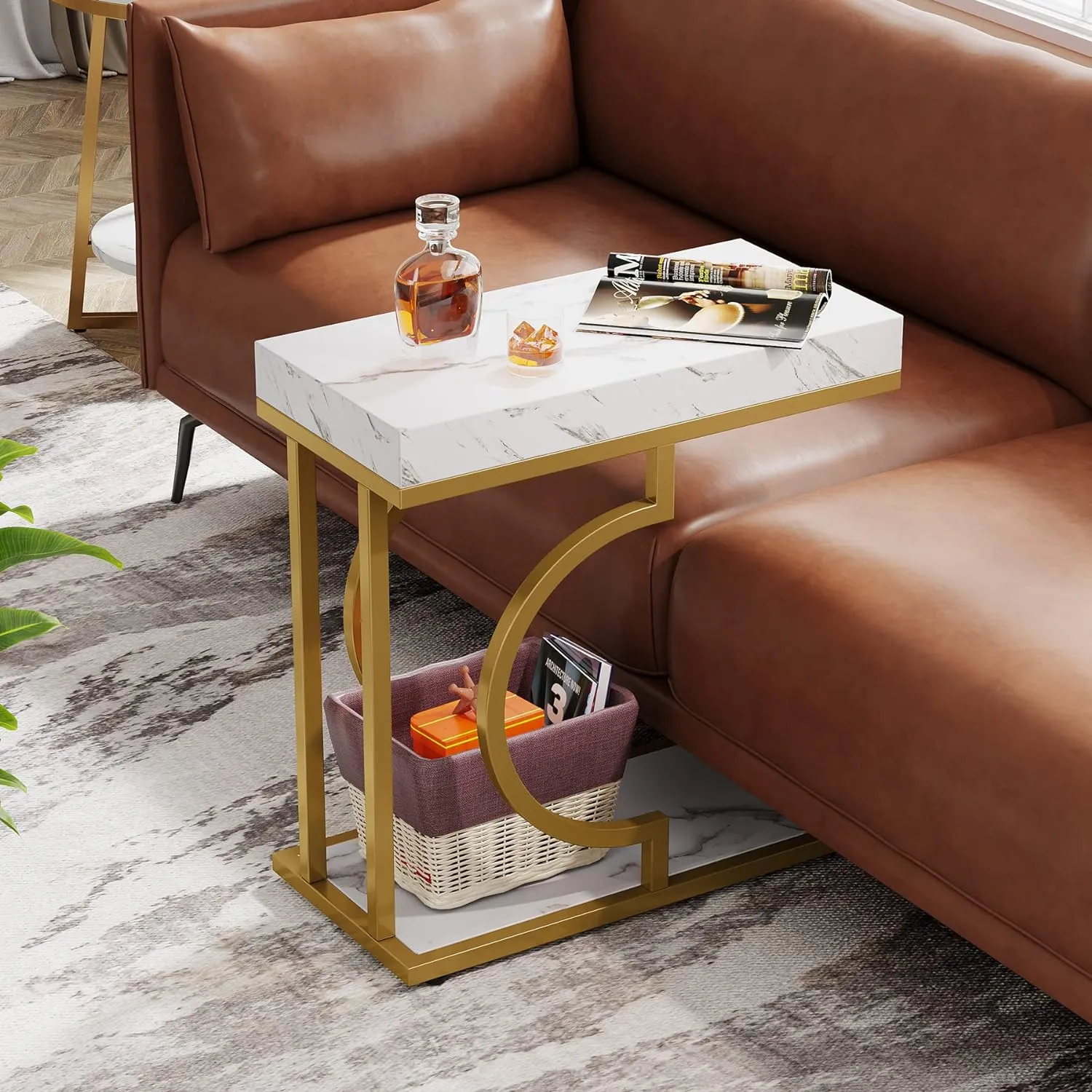 Luxurious Gold Marble Texture Coffee Table Rectangular C Frame Side Table