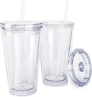 Maars Classic Acrylic Tumbler with Lid and Straw | 16oz Premium Insulated Iced Coffee Cups, Double Wall Reusable Plastic Cups - Clear, 2 Pack