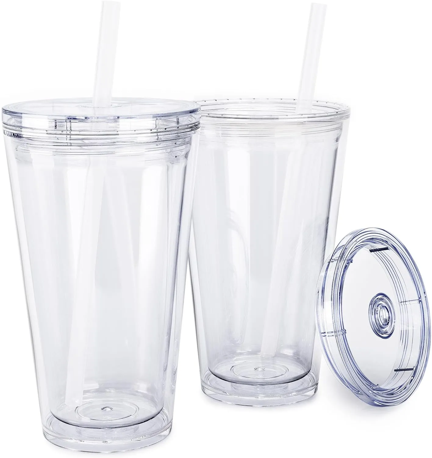 Maars Classic Acrylic Tumbler with Lid and Straw | 16oz Premium Insulated Iced Coffee Cups, Double Wall Reusable Plastic Cups - Clear, 2 Pack
