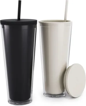 Maars Classic Acrylic Tumbler with Lid and Straw | 32oz Premium Insulated Iced Coffee Cups, Double Wall Reusable Plastic Cups - Black Tie, 2 Pack