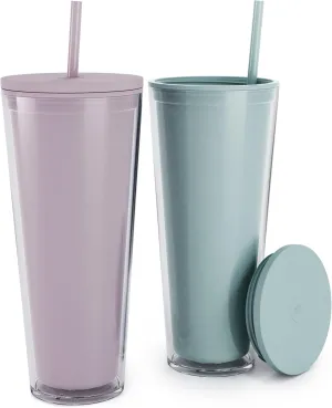 Maars Classic Acrylic Tumbler with Lid and Straw | 32oz Premium Insulated Iced Coffee Cups, Double Wall Reusable Plastic Cups - Lilac Sky, 2 Pack