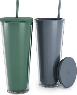 Maars Classic Acrylic Tumbler with Lid and Straw | 32oz Premium Insulated Iced Coffee Cups, Double Wall Reusable Plastic Cups - Sea Forest, 2 Pack