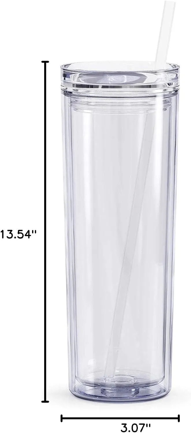 Maars Skinny Acrylic Tumbler with Lid and Straw | 18oz Premium Insulated Double Wall Plastic Reusable Cups - Clear, 8 Pack