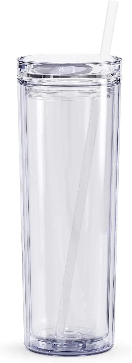 Maars Skinny Acrylic Tumbler with Lid and Straw | 18oz Premium Insulated Double Wall Plastic Reusable Cups - Clear, 8 Pack