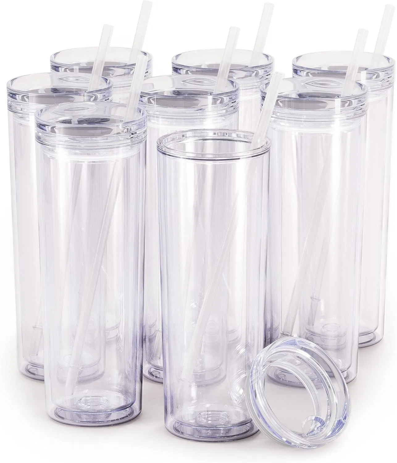 Maars Skinny Acrylic Tumbler with Lid and Straw | 18oz Premium Insulated Double Wall Plastic Reusable Cups - Clear, 8 Pack