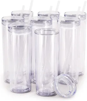 Maars Skinny Acrylic Tumbler with Lid and Straw | 18oz Premium Insulated Double Wall Plastic Reusable Cups - Clear, 8 Pack
