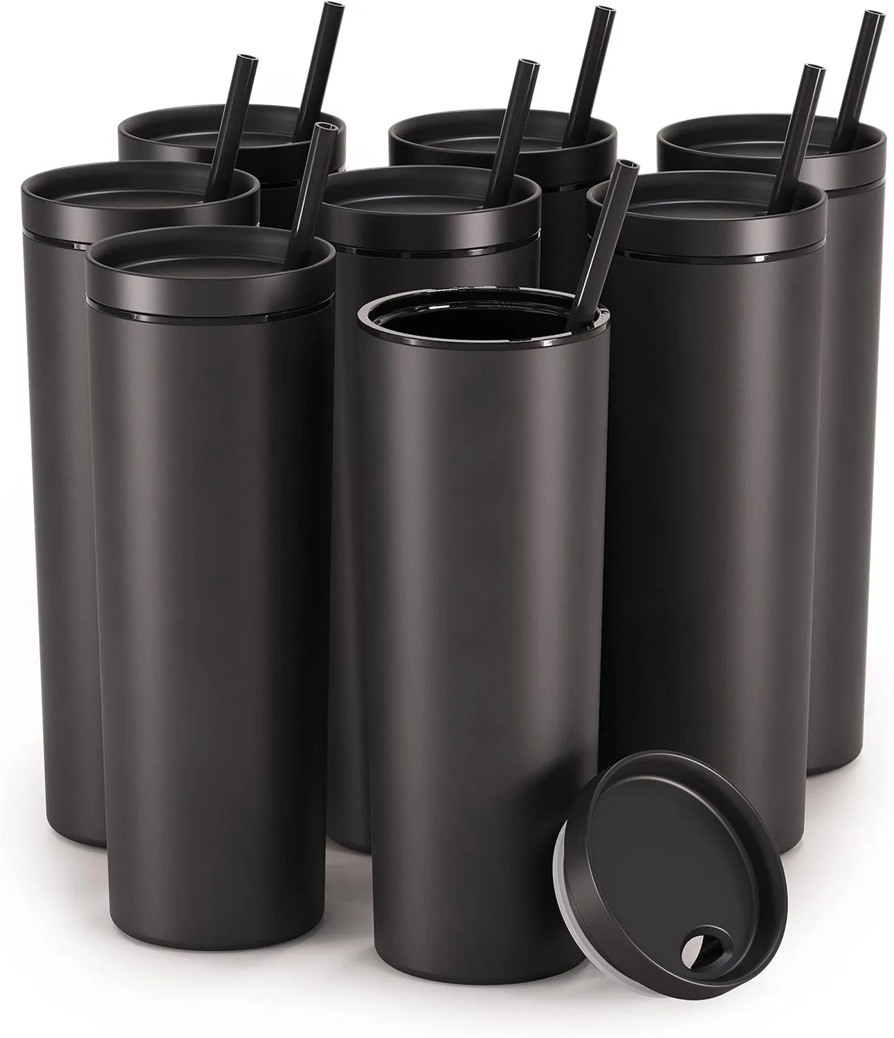 Maars Skinny Acrylic Tumbler with Lid and Straw | 18oz Premium Insulated Double Wall Plastic Reusable Cups - Matte Black, 8 Pack