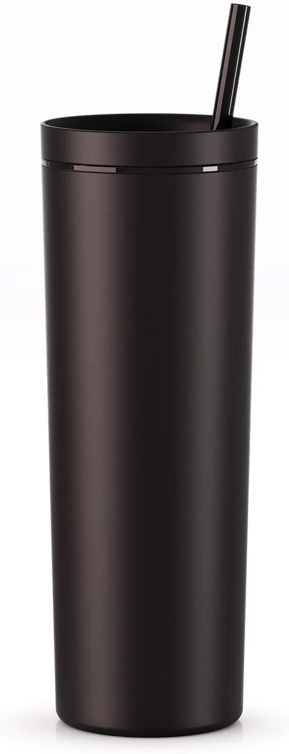 Maars Skinny Acrylic Tumbler with Lid and Straw | 18oz Premium Insulated Double Wall Plastic Reusable Cups - Matte Black, 8 Pack