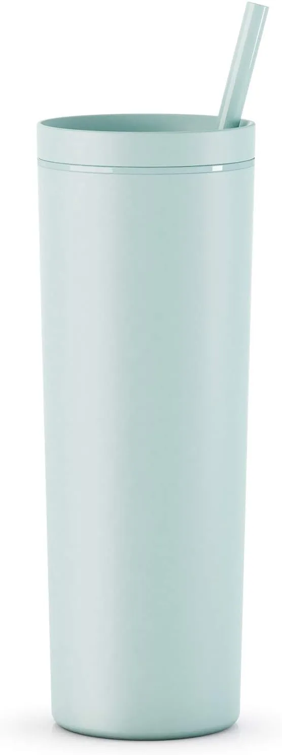 Maars Skinny Acrylic Tumbler with Lid and Straw | 18oz Premium Insulated Double Wall Plastic Reusable Cups - Matte Seaglass, 8 Pack