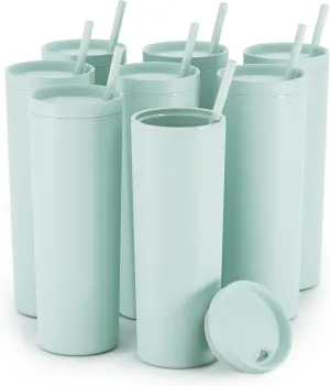 Maars Skinny Acrylic Tumbler with Lid and Straw | 18oz Premium Insulated Double Wall Plastic Reusable Cups - Matte Seaglass, 8 Pack