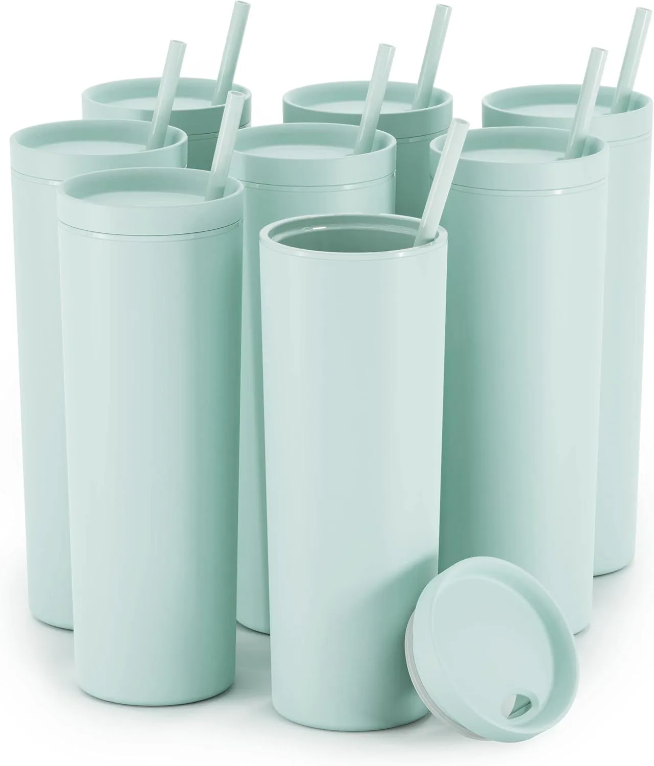 Maars Skinny Acrylic Tumbler with Lid and Straw | 18oz Premium Insulated Double Wall Plastic Reusable Cups - Matte Seaglass, 8 Pack