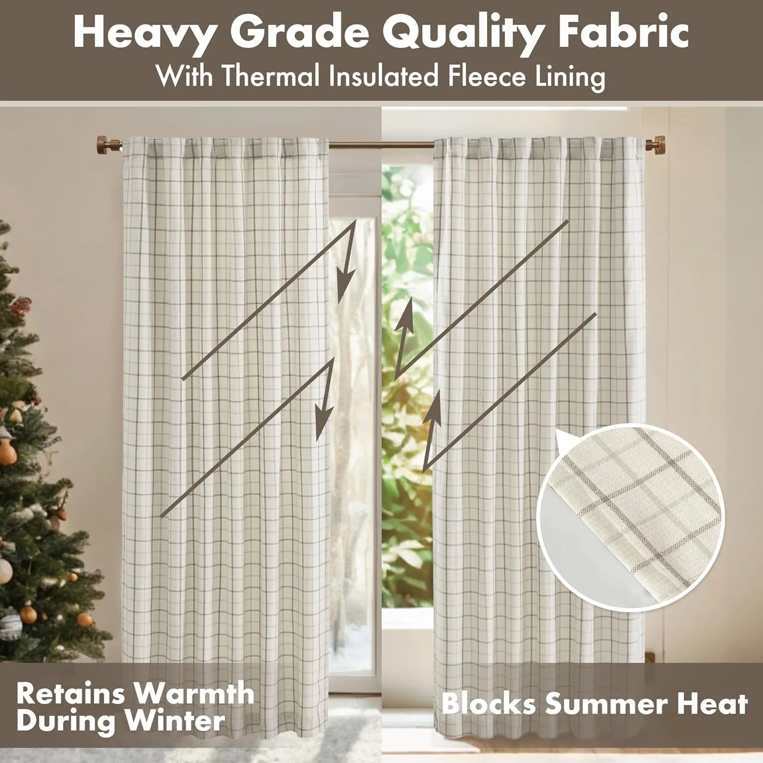 Madison Park Anaheim Cabin Plaid Curtain Window, Thermal Insulated Fleece Lining, Living Room Decor Room Darkening Drape for Bedroom, 1-Single Panel Pack, 50" x 84", Rod Pocket, Natural