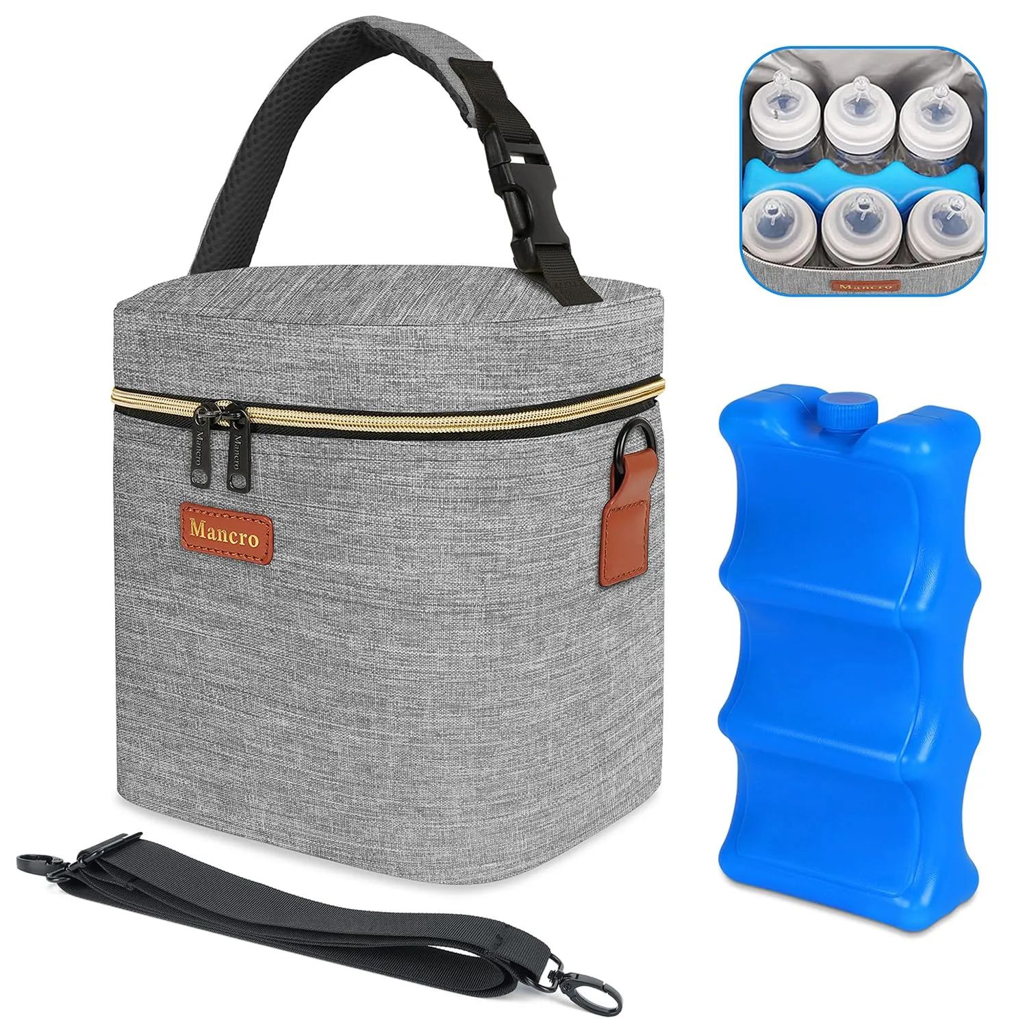 Mancro Baby Bottle Bag with Insulated Cooler, Fits 6 Baby Bottles Up to 9 Ounce with Ice Pack, Breastmilk Cooler Bag with Adjustable Shoulder Strap for Easy Carrying, Grey