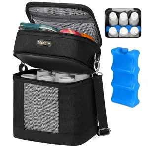 Mancro Breastmilk Cooler Bag for Travel with Ice Pack, Double Layer Baby Bottle Bag with Shoulder Strap for Daycare and Nursing Moms,Fit 6 Baby Bottles up to 9 Ounces, Black