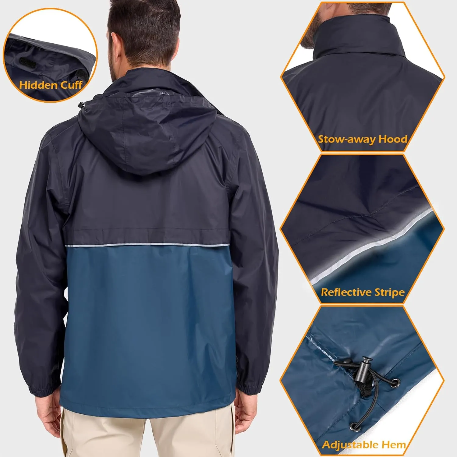 MANSDOUR Men's Packable Rain Jacket Waterproof Lightweight Windbreaker Cycling Golf Hiking Reflective Raincoat with Hood