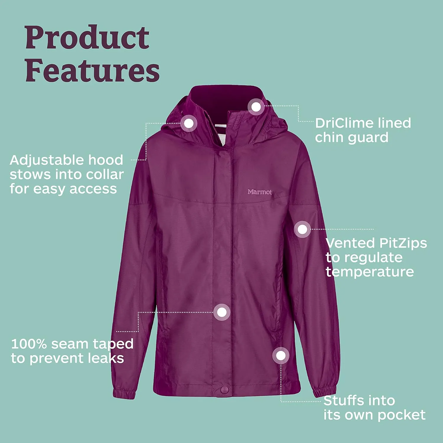Marmot Kid's Precip Eco Waterproof Rain Jacket - 100% Recycled, Breathable, Lightweight, Packable Raincoat