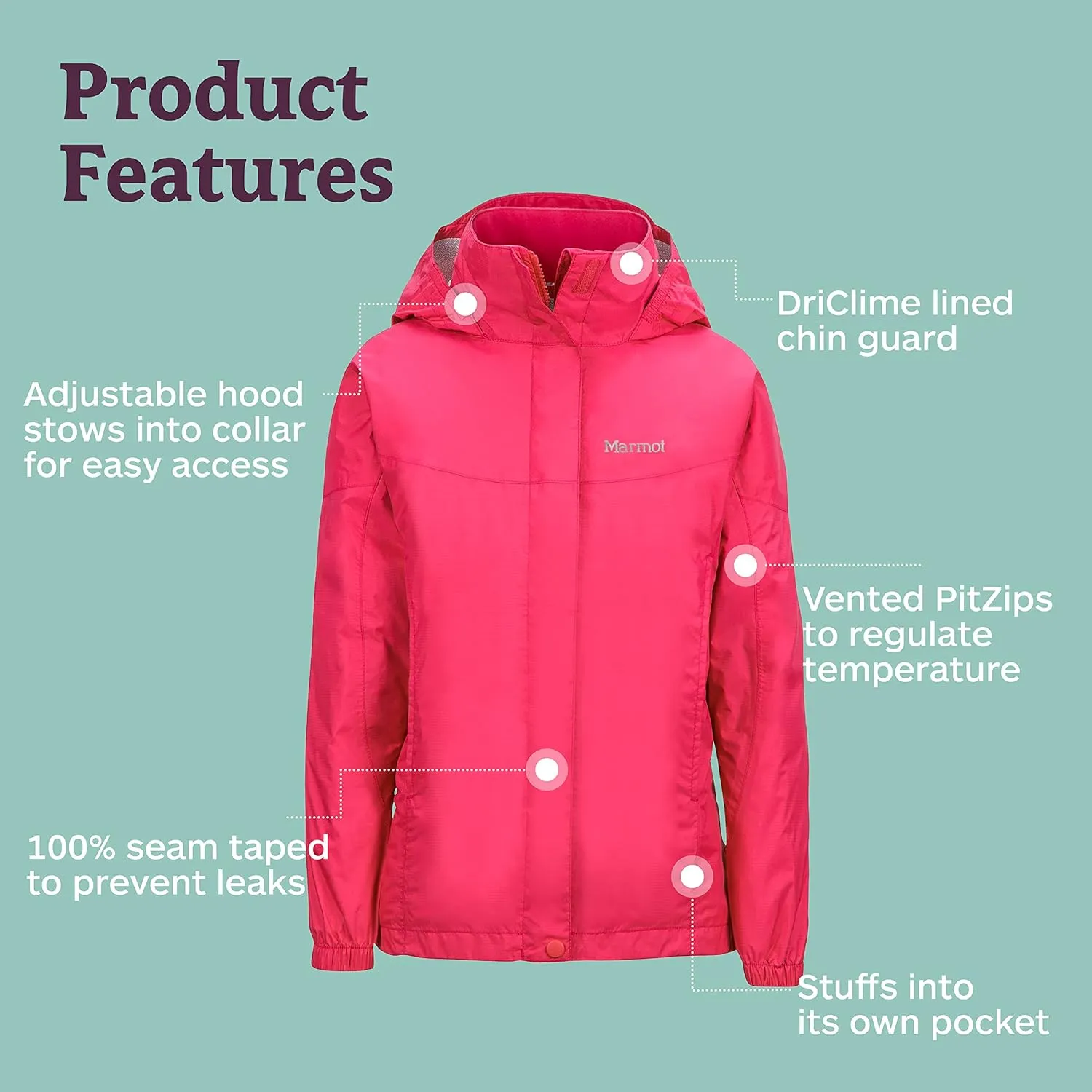 MARMOT Kid's Precip Eco Waterproof Rain Jacket - 100% Recycled, Breathable, Lightweight, Packable Raincoat