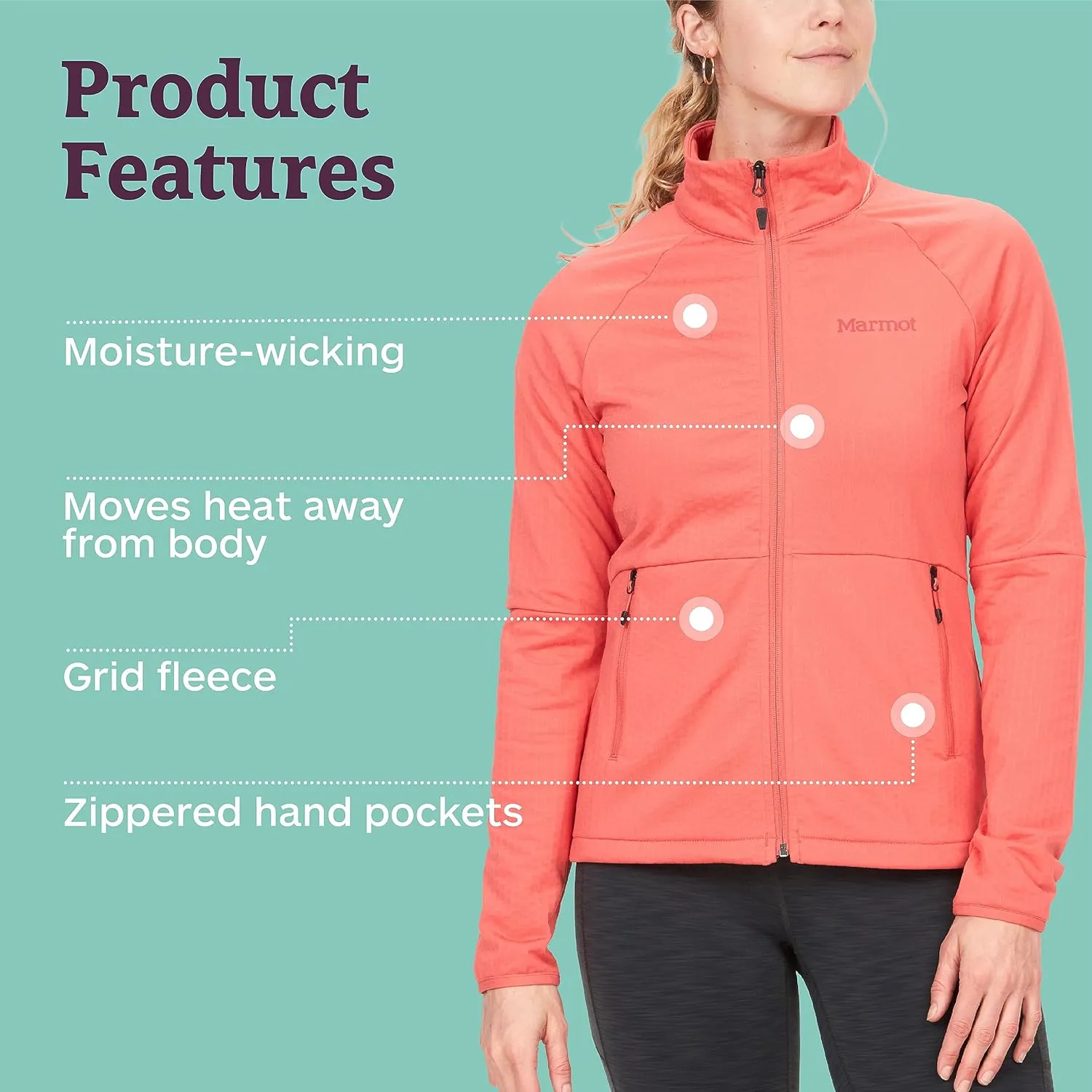 MARMOT Women's Leconte Fleece Jacket - Lightweight, Breathable, Technical Grid Fleeced Layer