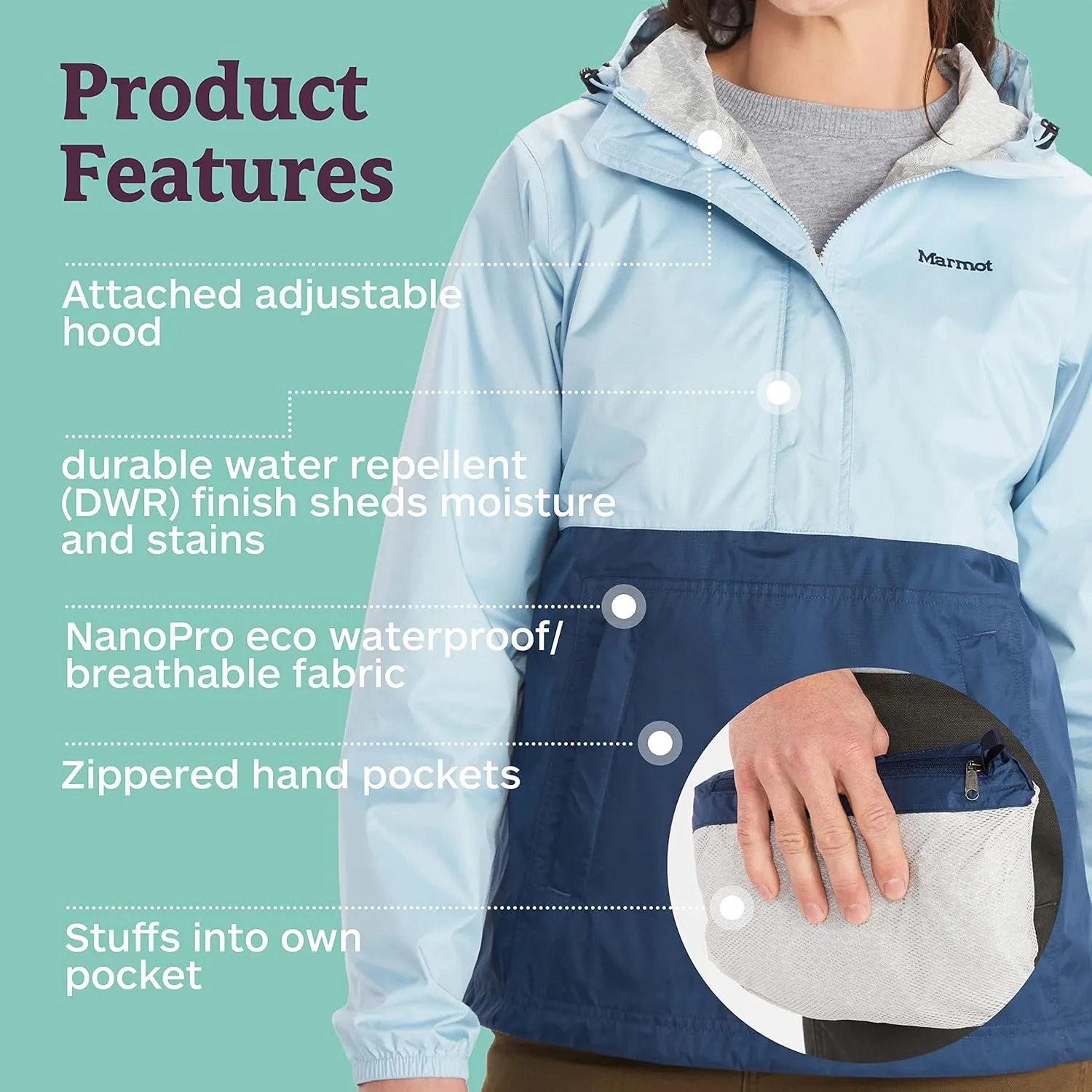 MARMOT Women's Precip Eco Waterproof Anorak Rain Jacket - Breathable, Lightweight, Packable Pullover Raincoat