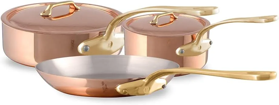 Mauviel M'Heritage 200 B 2mm Polished Copper & Stainless Steel 5-Piece Cookware Set With Brass Handles, Made In France